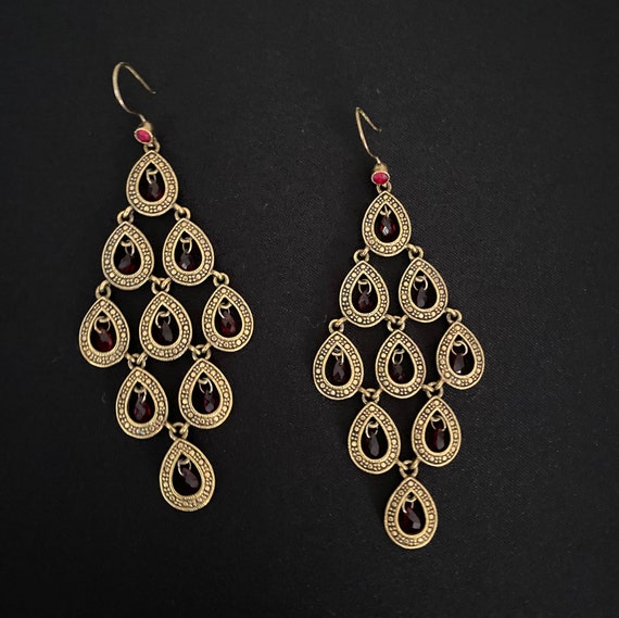 Gold and Red Articulated Tear Drop Earrings - image 1