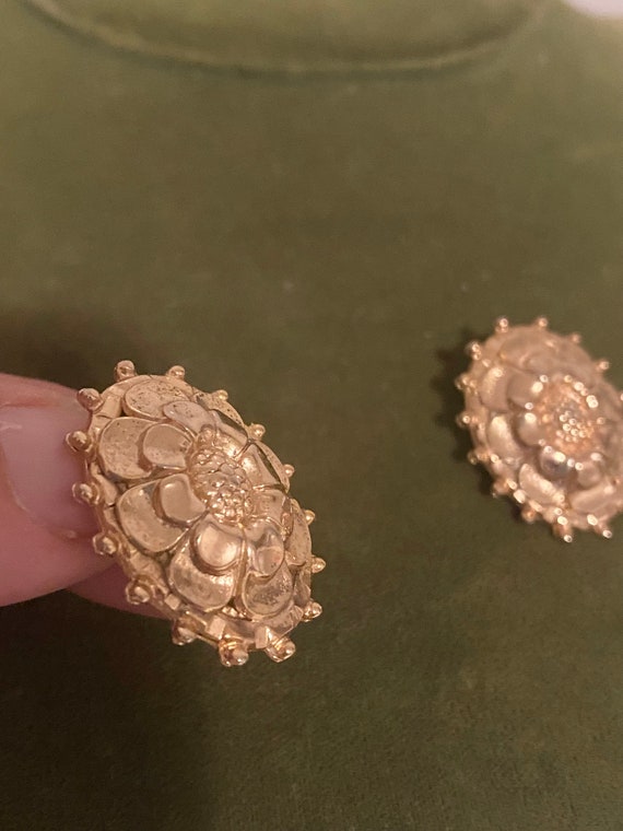 Floral Gold Tone Clip Earrings Pat Pend - image 3