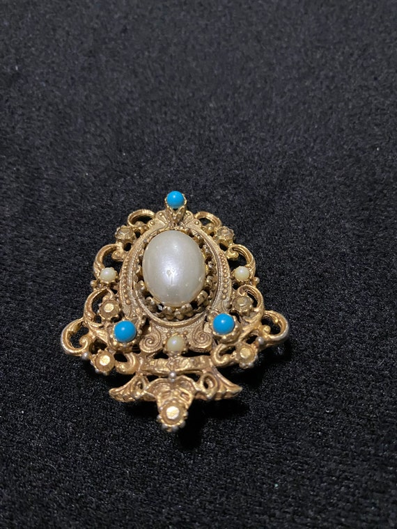 Pearl and Turquoise Shield Brooch - image 3