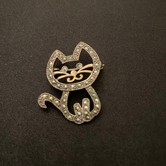 Kitty Cat Sterling and Marcasite Brooch - image 1