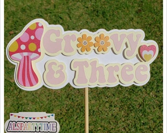 Groovy and Three cake topper, Groovy Three, Groovy cake topper, Retro 70s topper.