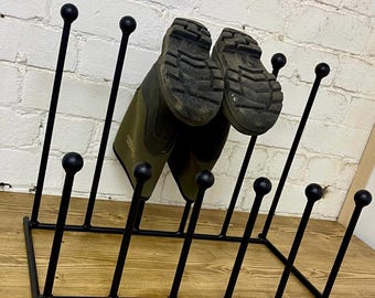 Handmade in UK Black Wrought Iron Steel Metal Welded Two Row Family Free Standing 6 Pair Wellington Welly Walking Boot Rack Stand Storage