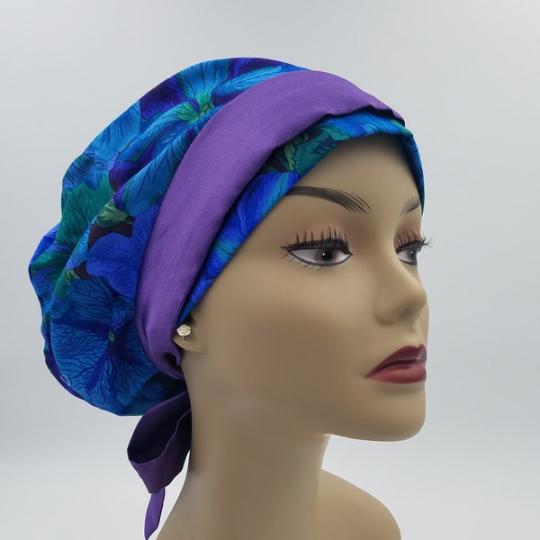 Women's surgical scrub hats, or scrub caps- Blue Petunias Purple Satin Band