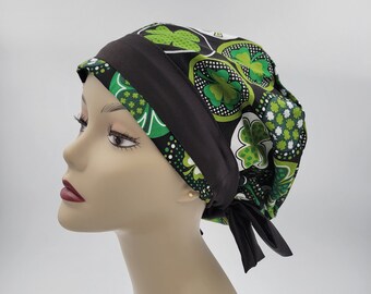 Women's surgical scrub hats, or scrub caps- Four Leaves Clover Black Band