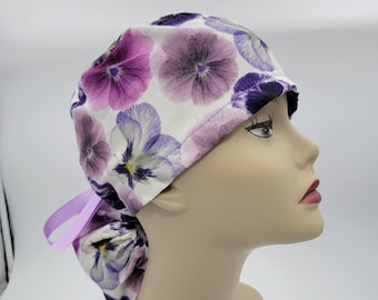 Surgical Cap ponytail style-Pansy Paradise -cotton 100%
