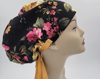 Women's surgical scrub hats, or scrub caps- Rose Dark Floral