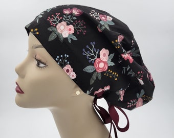 Women's surgical scrub hats, or scrub caps-Sweat Floral on Black