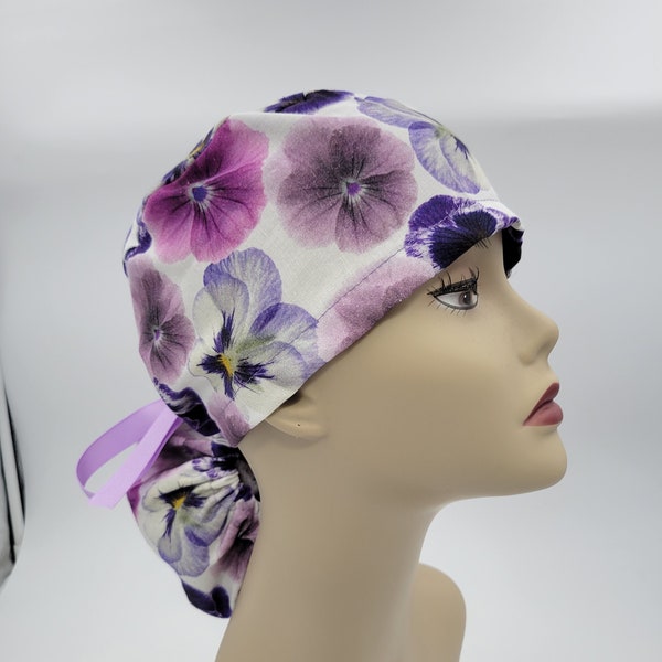 Surgical Cap ponytail style-Pansy Paradise -cotton 100%