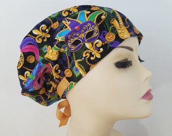 themeprint Surgical Bouffant Hat MARDI GRAS Icons wLime Brim Handmade.