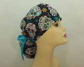 Surgical Cap ponytail stile-Sugar Skull Turquoise-cotton 100