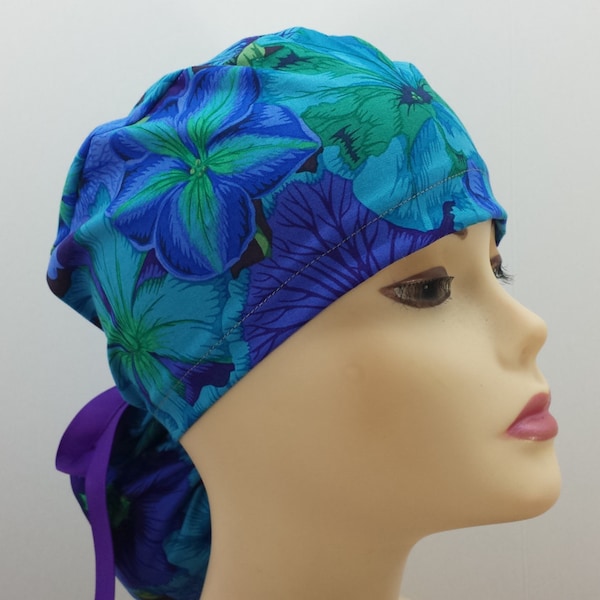 Surgical Cap ponytail style-Blue Petunias-cotton 100%