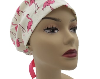 Women's surgical scrub hats, or scrub caps-Flamingo - cotton 100%