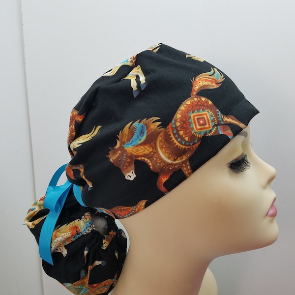 Surgical Cap ponytail style - West Southwest Horses -cotton 100%