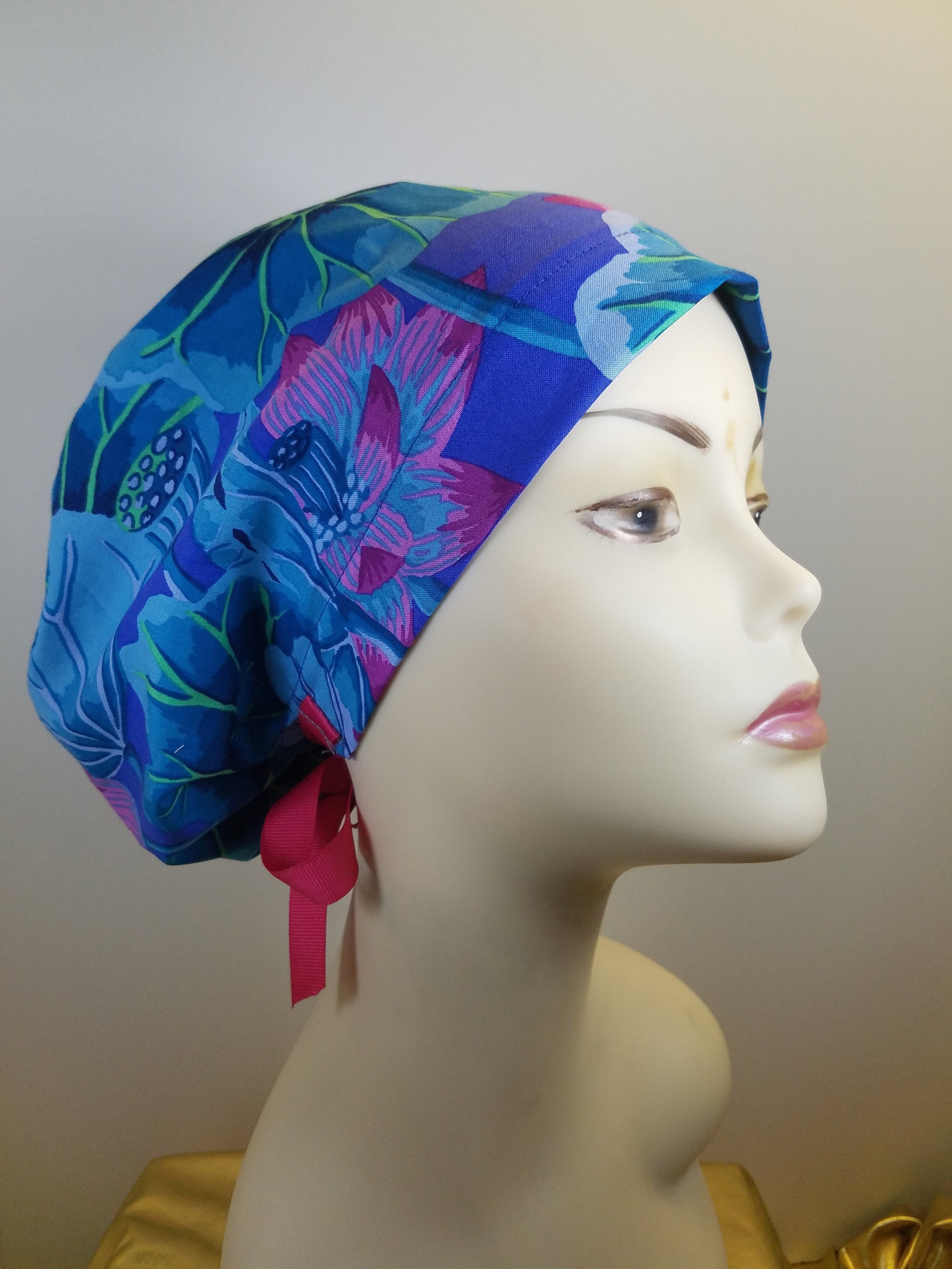 Women's surgical scrub hats, or scrub caps-Lake blossom Blue-cotton 100%