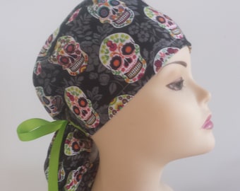 Surgical Cap ponytail style-Sugar Skull/ Black Flower--cotton 100%