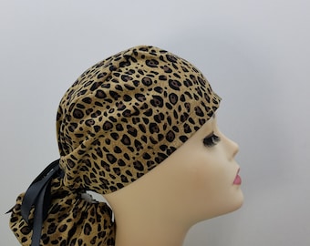 Surgical Cap ponytail style- Leopard Sand-cotton 100%