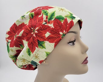 Women's surgical scrub hats, or scrub caps-Christmas Poinsettia White & Red