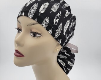 Surgical Cap ponytail style -Black & White Feathers -cotton 100%