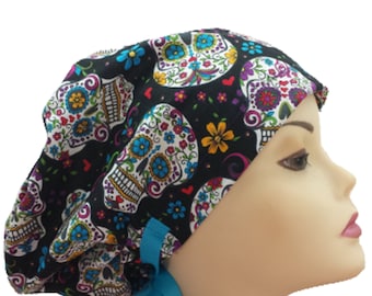 Women's surgical scrub hats, or scrub caps-Sugar Skull Blue