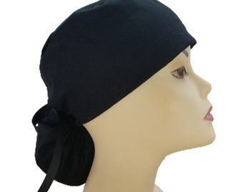 Surgical Cap ponytail style- Solid Black -cotton 100%