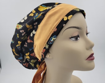 Women's surgical scrub hats, or scrub caps-Butterflies & feathers golden band