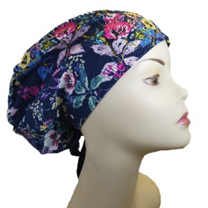 Women's surgical scrub hats, or scrub caps-Flowers on Navy