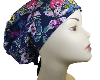 Women's surgical scrub hats, or scrub caps-Flowers on Navy