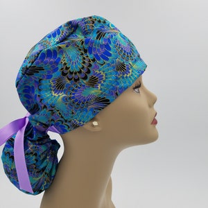 Surgical Cap ponytail style-Peacock Extravaganza -cotton 100%