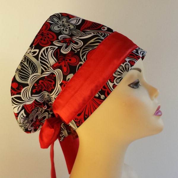 Women's surgical scrub hats, or scrub caps- Wild Spring/ Red