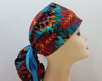 Surgical Cap ponytail style- Southwest Blanket Turquoise-cotton 100%