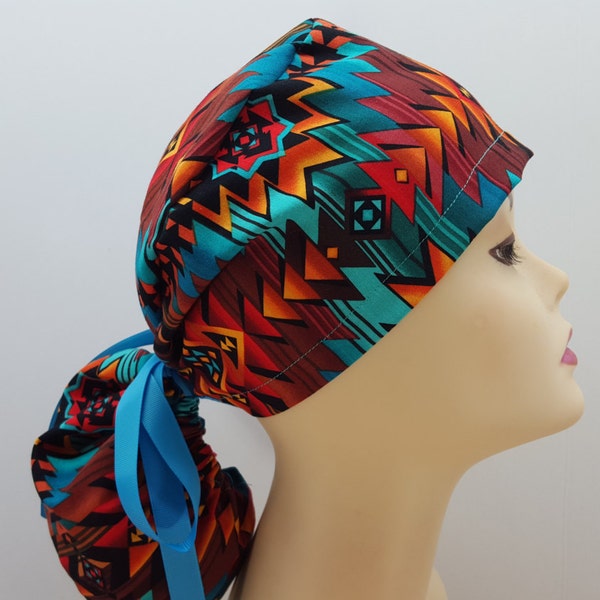 Surgical Cap ponytail style- Southwest Blanket Turquoise-cotton 100%