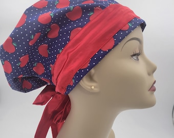 Women's surgical scrub hats, or scrub caps-Apples Polka Dot Navy with Red band