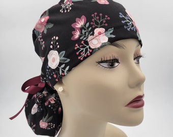 Surgical Cap ponytail style-Sweat Floral on Black -cotton 100%
