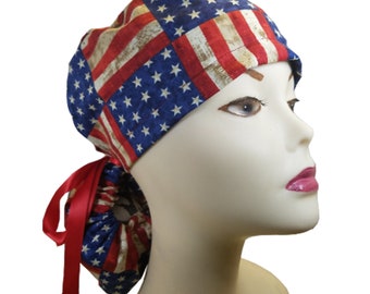 Surgical Cap ponytail style- Patriotic-cotton 100%