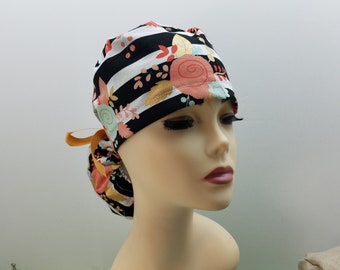 Surgical Cap ponytail style-Spring on Stripe-cotton 100%