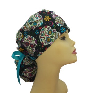 Surgical Cap ponytail style-Sugar Skull/Turquoise-cotton 100%