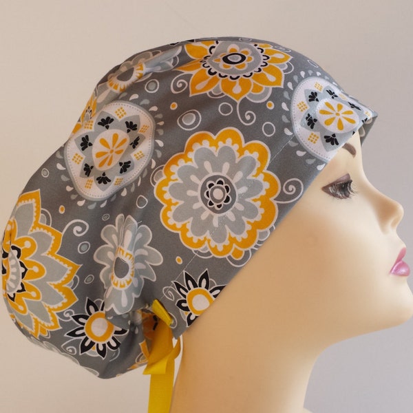 Women's surgical scrub hats, or scrub caps-Floral Grey Yellow