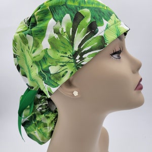 Surgical Cap ponytail style-Mid- Tropical Leaves -cotton 100%