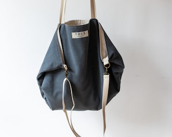 Navy blue oversize shoulder bag with leather handles for women, blue extra large canvas bag, blue large shoulder bag, gift for modern sister