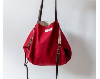 Oversize red canvas tote bag, red carryall canvas tote, red urban diaper bag for mothers, gift for mothers, large red tote bag with leather