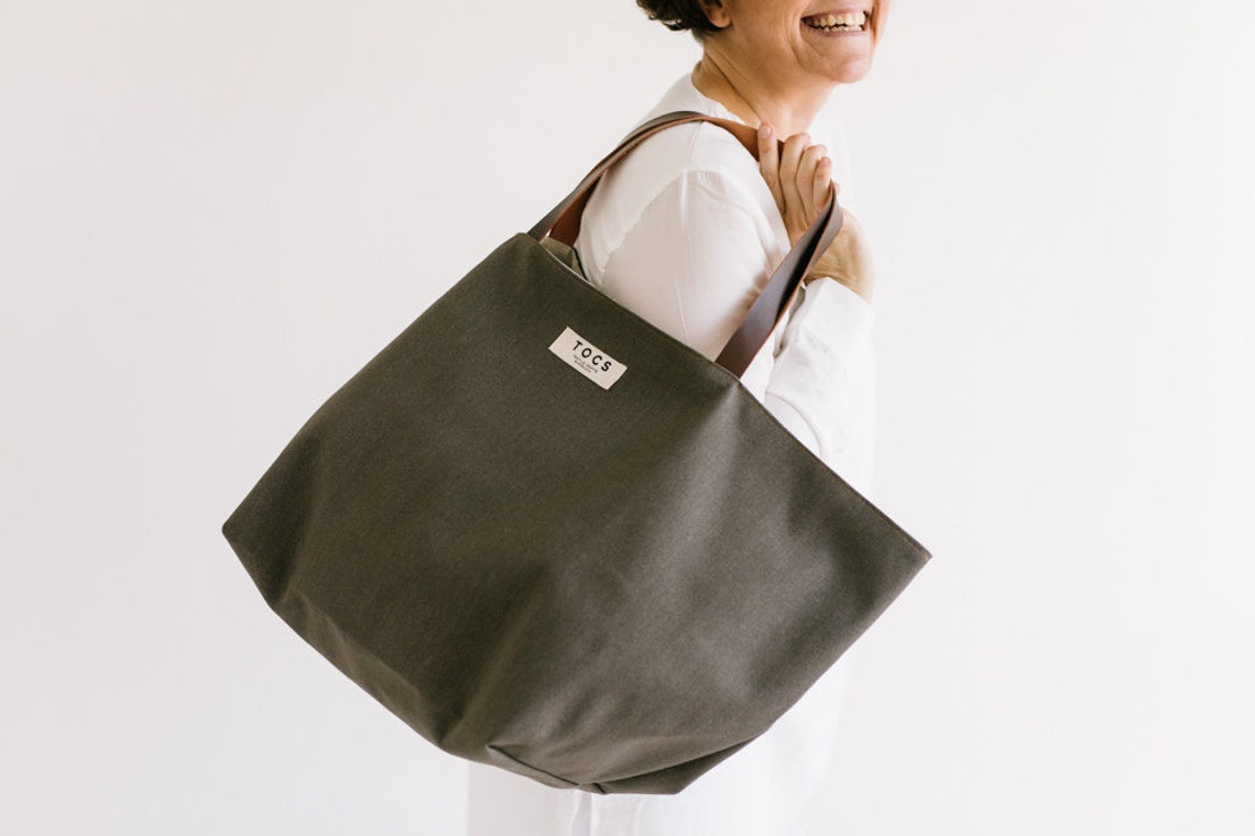 Extra large dark gray tote bag with leather handles extra Etsy