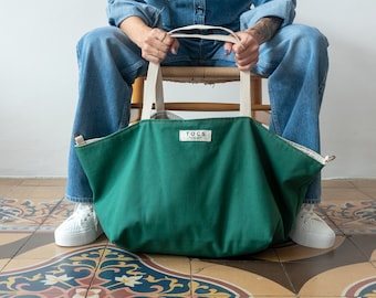 Large green canvas tote bag, green waxed canvas bag, large green purse tote bag, dark green canvas tote, modern green canvas bag, khaki tote