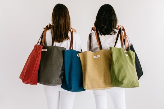 Bolso grande de tela con asas de piel bolso tote grande para | Etsy España