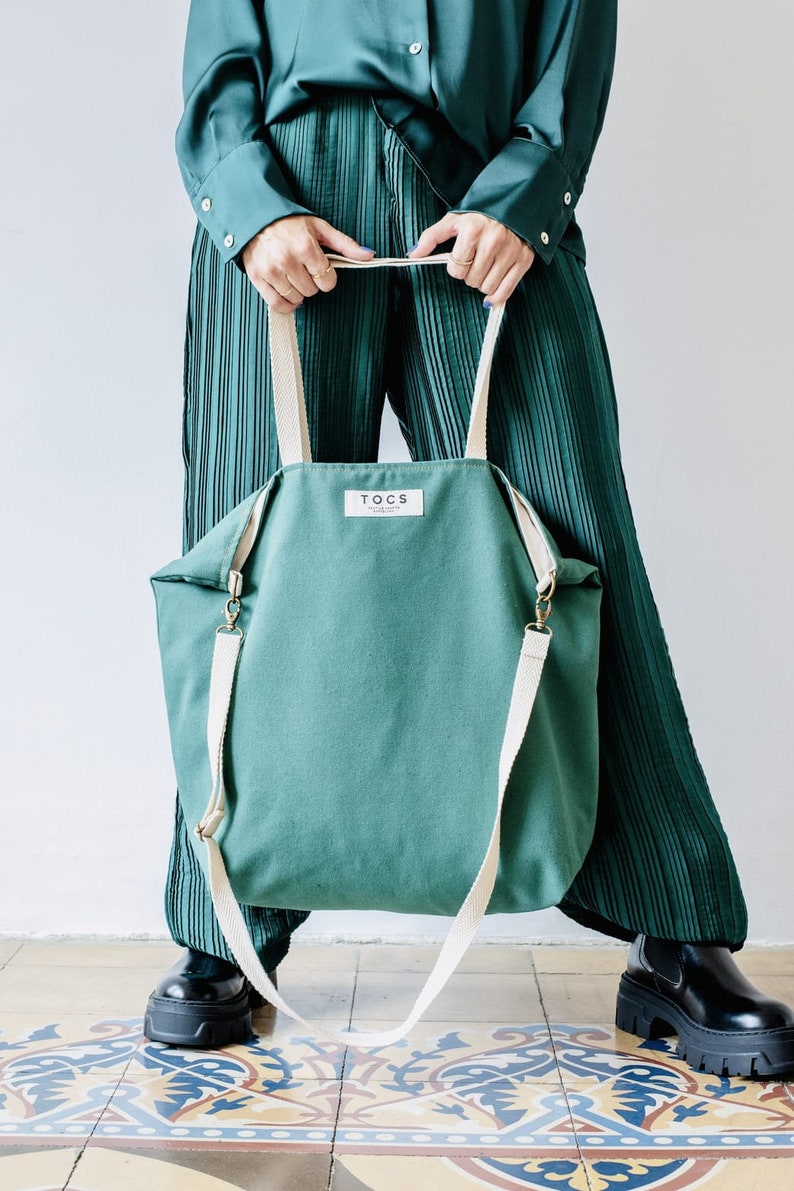 Green work tote bag for women, green shoulder canvas tote bag for everyday, green everyday shopper bag, urban shoulder maxi bag green color image 2