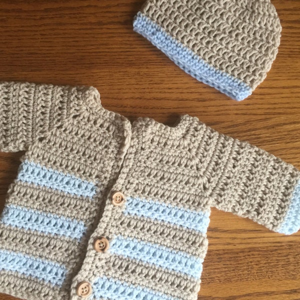 Boy Sweater, Newborn Sweater Boy, Baby Boy Gift Set, Handmade baby boy sweater, Newborn infant size. Blue and tan. Crochet