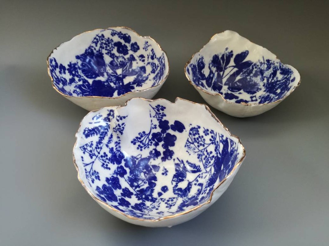 Ceramic Serving Bowls Set Hand Made White and Blue Bowls - Etsy