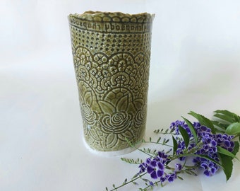 Porcelain with gold 24K vessel, planter pot, flower holder, green ceramic vase, brushes and pencil holder, delicate and one off ceramic vase