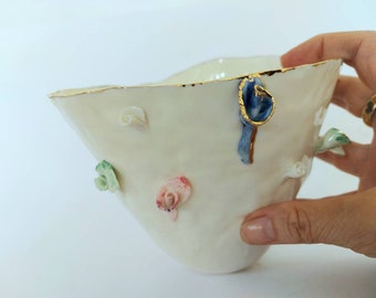 Flowers decorated ceramic vase, decorative pottery, colorful flowers, modern design of unique pottery, porcelain design pot, gift for artist