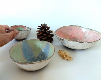 Raku plates, raku bowl, Unique gift for ceramic collector, organic shape, gift for art lover, ceramic vase, jewellery bowl,art in clay, pink