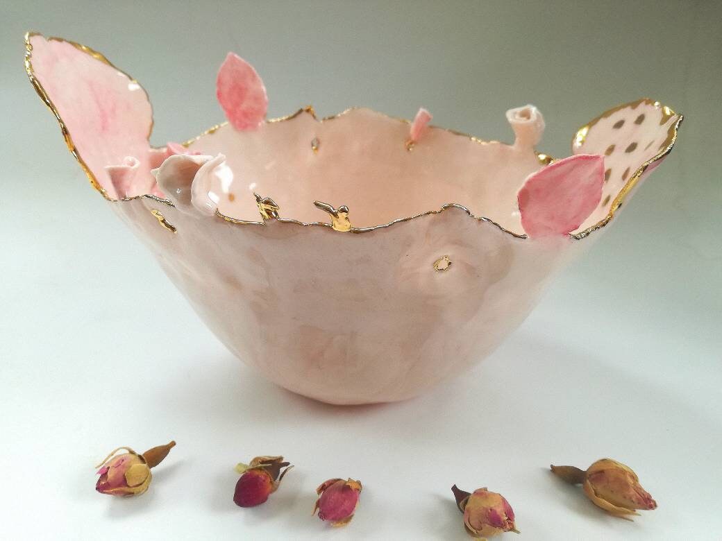 Ceramic pink bowl decorated with gold luster24K wedding Etsy